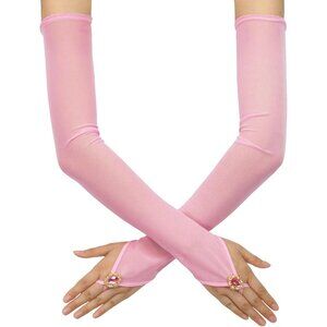 Women's Baby Pink Long Fabric Finger Loop Gloves Bridal Wedding Party Costume